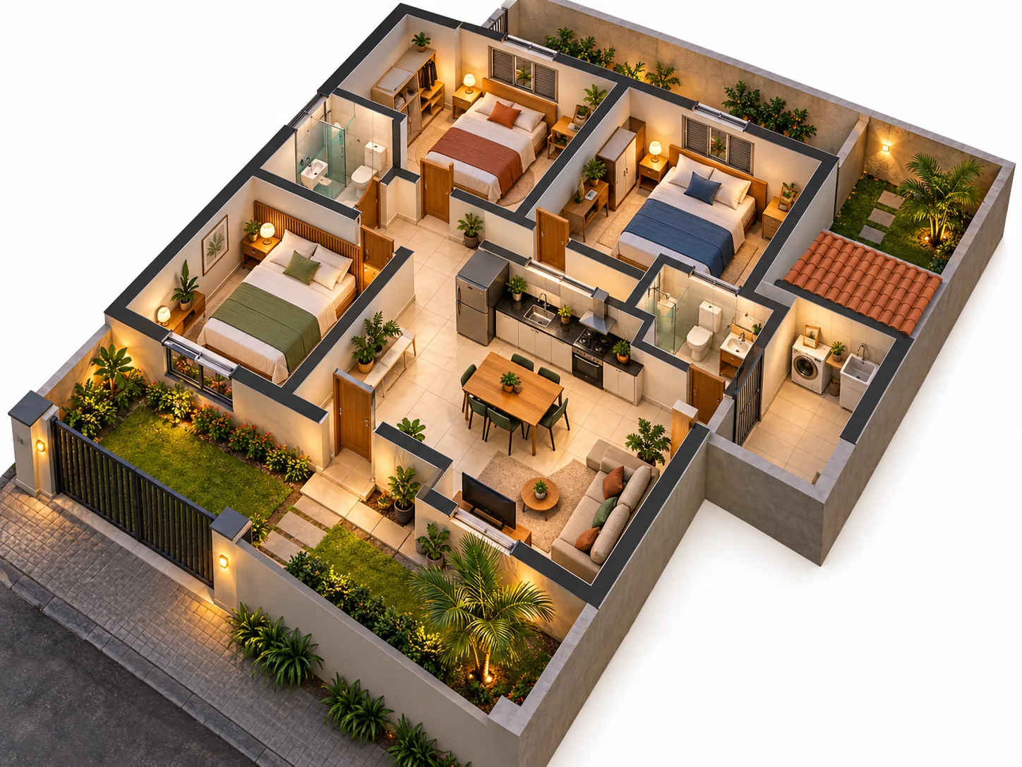 Vista isométrica de uma casa organizada com quartos e áreas compartilhadas